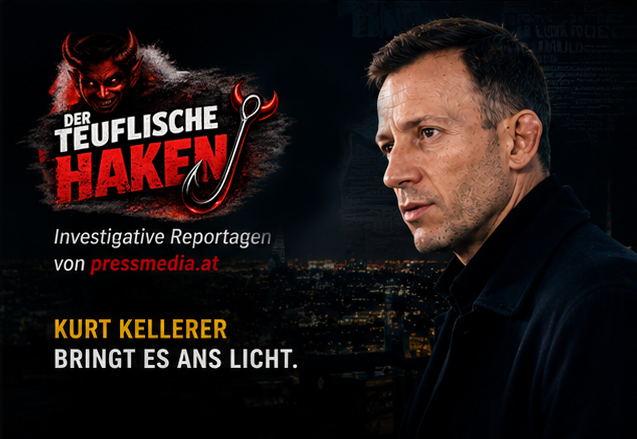 Der teuflische Haken – Kurt Kellerer bringt es ans Licht Kurt Kellerer recherchiert für das Format Der teuflische Haken vor einer investigativen Recherchewand mit Dokumenten und Unterlagen