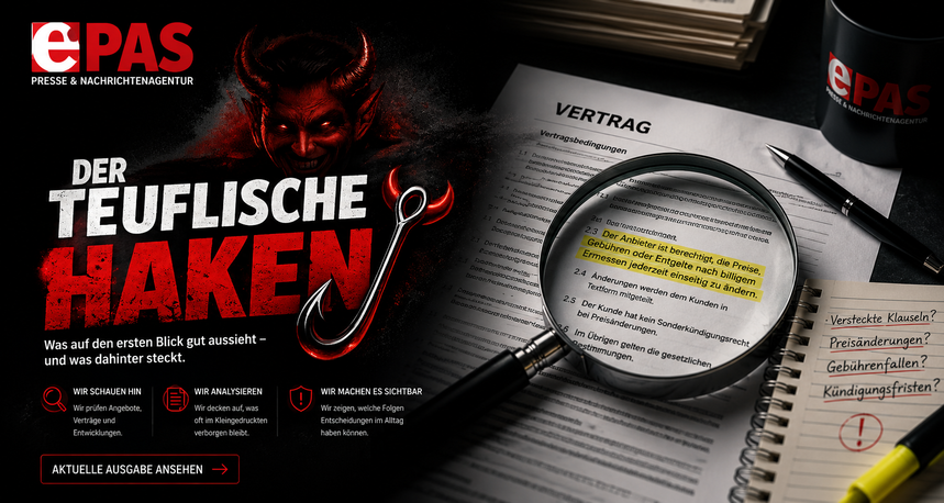 Lupe auf Vertragsklausel als Symbol für das Format Der teuflische Haken